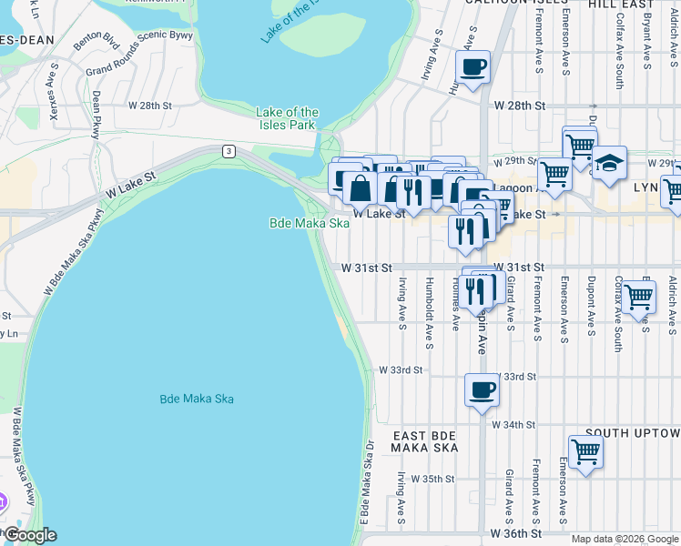 map of restaurants, bars, coffee shops, grocery stores, and more near 3117 East Calhoun Parkway in Minneapolis