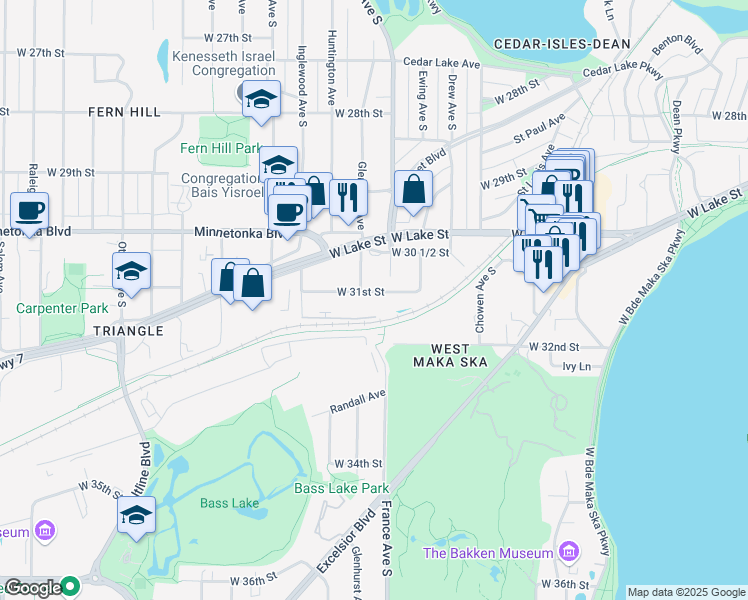 map of restaurants, bars, coffee shops, grocery stores, and more near 3200 Inglewood Avenue South in Minneapolis
