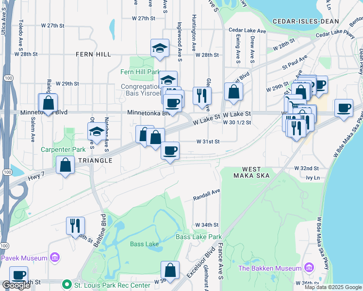 map of restaurants, bars, coffee shops, grocery stores, and more near 3106 Inglewood Avenue South in Minneapolis