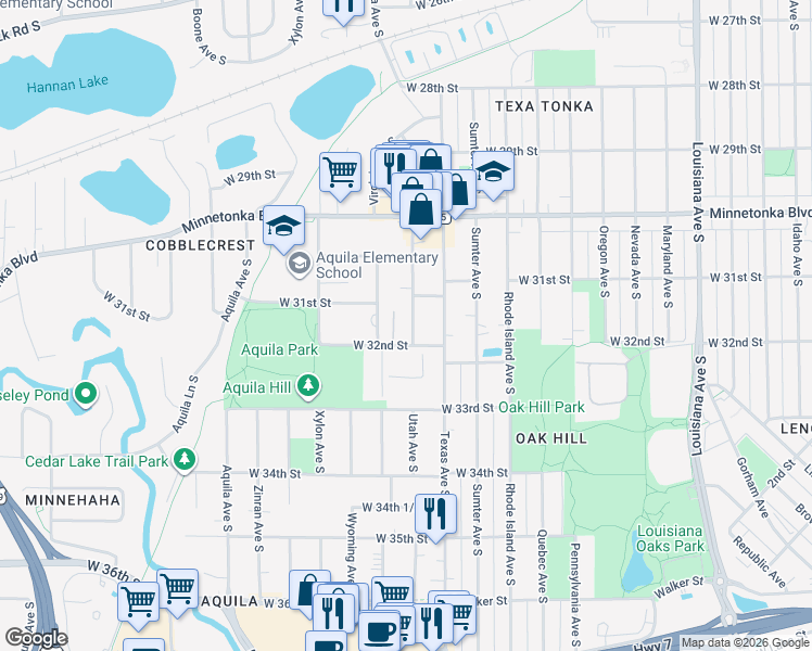 map of restaurants, bars, coffee shops, grocery stores, and more near 3150 Utah Avenue South in Minneapolis