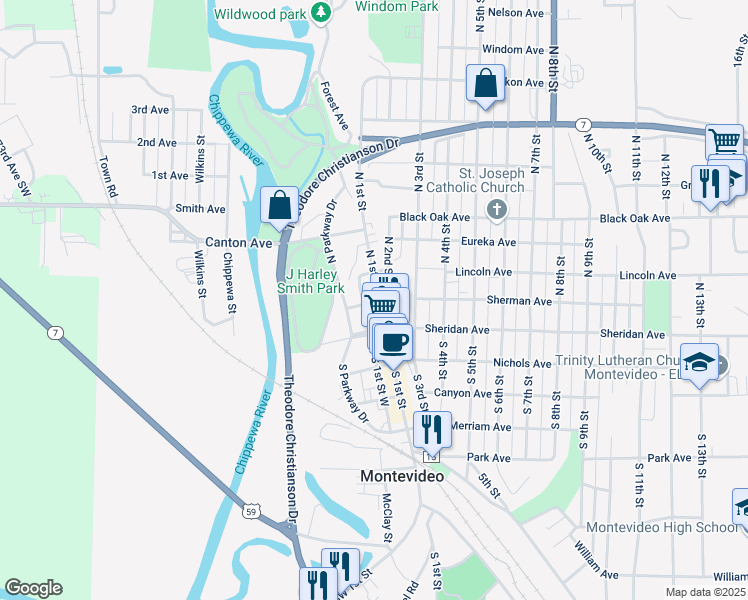 map of restaurants, bars, coffee shops, grocery stores, and more near 121 North 1st Street in Montevideo