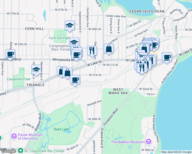 map of restaurants, bars, coffee shops, grocery stores, and more near 3200 Inglewood Avenue South in Minneapolis