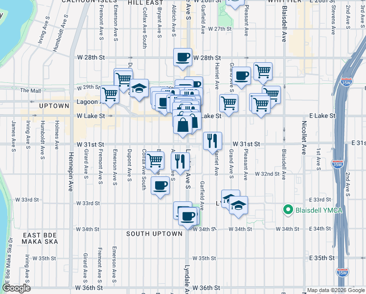 map of restaurants, bars, coffee shops, grocery stores, and more near 3139 Lyndale Avenue South in Minneapolis
