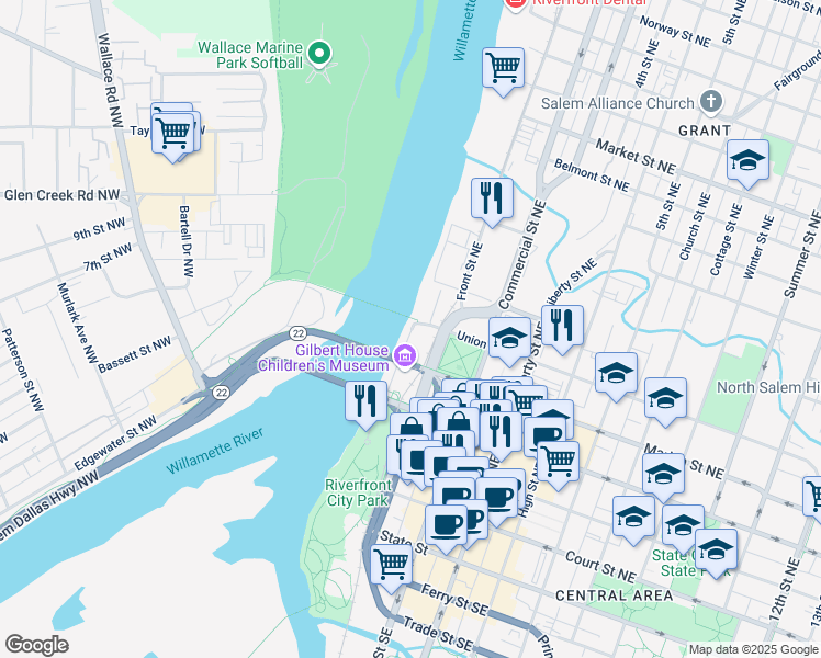 map of restaurants, bars, coffee shops, grocery stores, and more near Union St NE & Water St NE in Salem