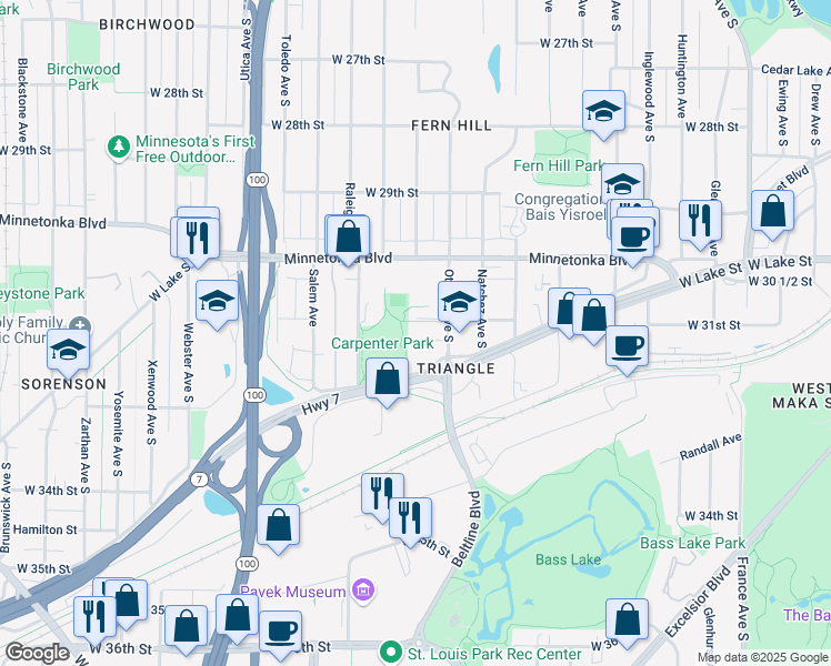 map of restaurants, bars, coffee shops, grocery stores, and more near 4820 Ottawa Avenue South in St. Louis Park