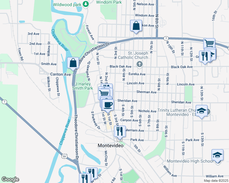 map of restaurants, bars, coffee shops, grocery stores, and more near 125 North 3rd Street in Montevideo