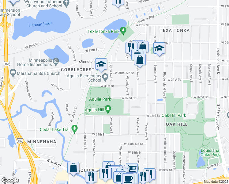 map of restaurants, bars, coffee shops, grocery stores, and more near 3101 Xylon Avenue South in Minneapolis
