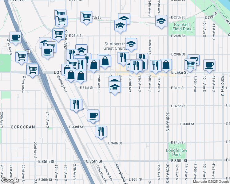 map of restaurants, bars, coffee shops, grocery stores, and more near 3017 East 31st Street in Minneapolis