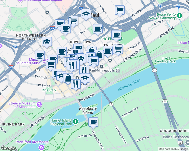 map of restaurants, bars, coffee shops, grocery stores, and more near 316 Robert Street North in Saint Paul