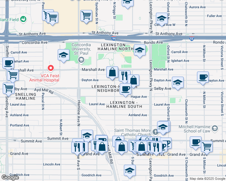 map of restaurants, bars, coffee shops, grocery stores, and more near 1220 Selby Avenue in Saint Paul