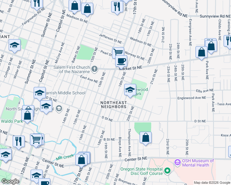 map of restaurants, bars, coffee shops, grocery stores, and more near 1115 18th Street Northeast in Salem