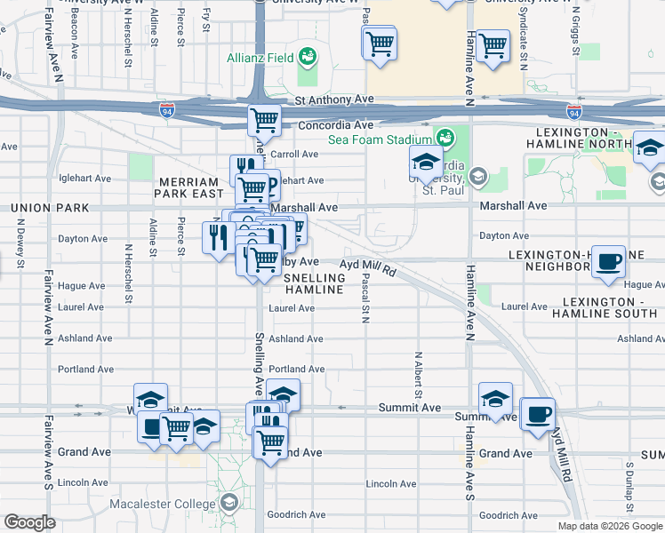 map of restaurants, bars, coffee shops, grocery stores, and more near 1499 Hague Avenue in Saint Paul