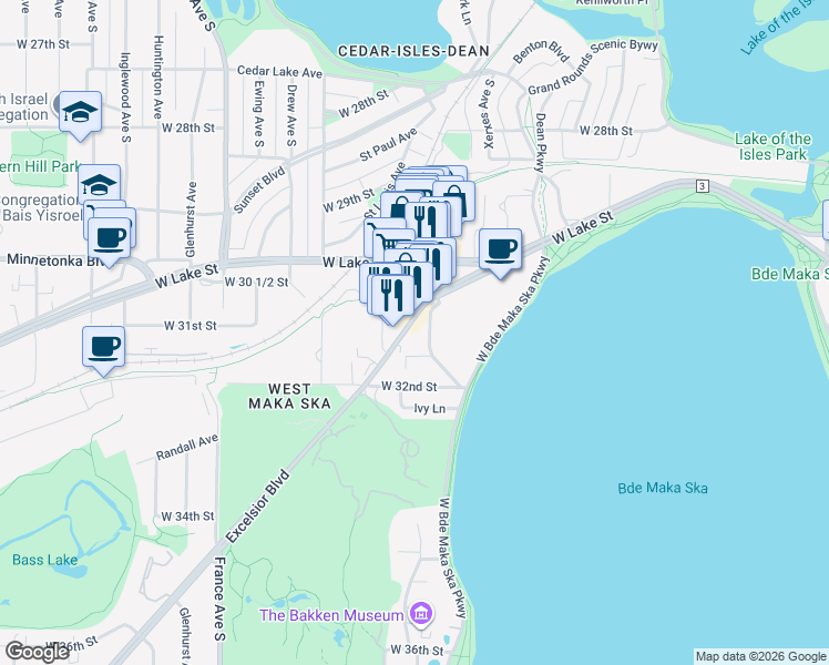 map of restaurants, bars, coffee shops, grocery stores, and more near 3121 Excelsior Boulevard in Minneapolis