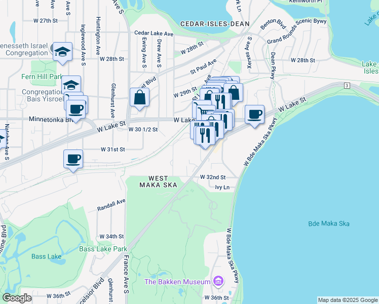 map of restaurants, bars, coffee shops, grocery stores, and more near 3430 List Place in Minneapolis