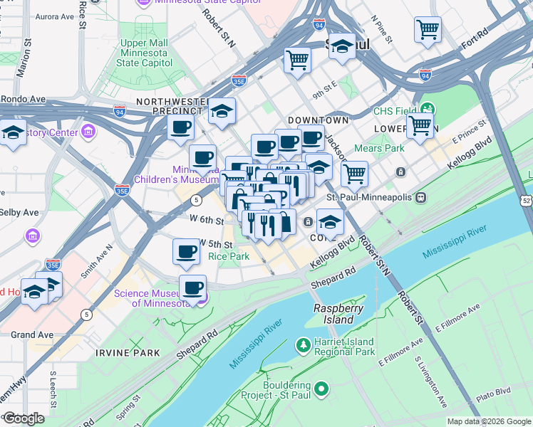 map of restaurants, bars, coffee shops, grocery stores, and more near 386 Wabasha Street North in Saint Paul