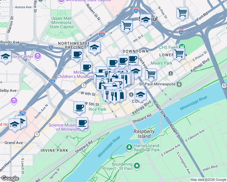 map of restaurants, bars, coffee shops, grocery stores, and more near 386 Wabasha Street North in Saint Paul
