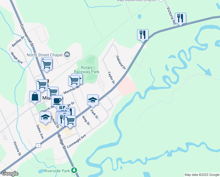 map of restaurants, bars, coffee shops, grocery stores, and more near 437 Main Street in Middleton