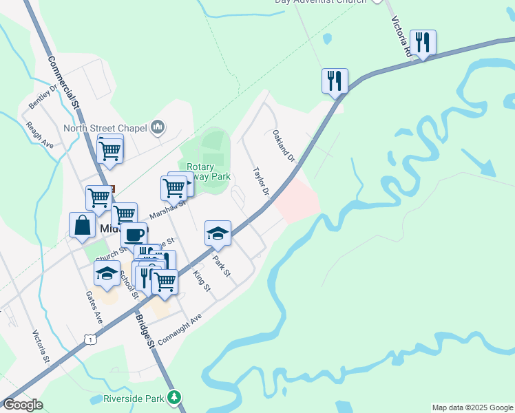 map of restaurants, bars, coffee shops, grocery stores, and more near 437 Main Street in Middleton