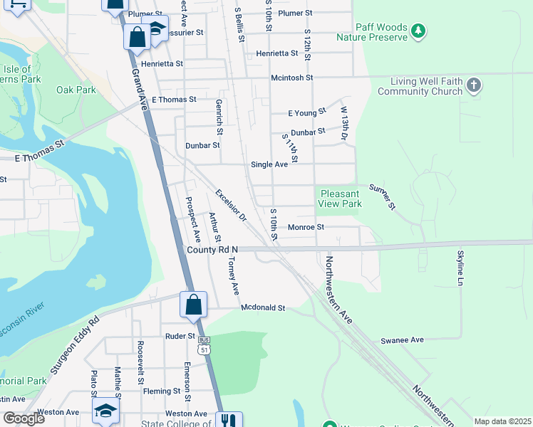 map of restaurants, bars, coffee shops, grocery stores, and more near in Wausau