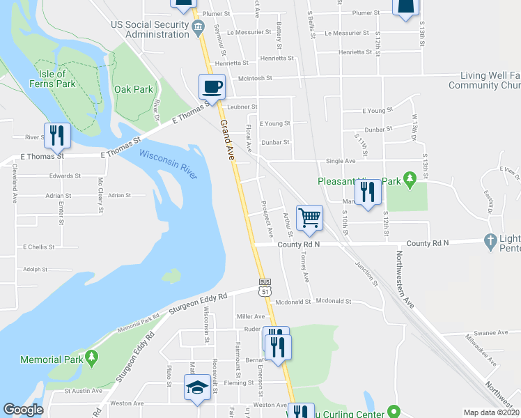 map of restaurants, bars, coffee shops, grocery stores, and more near 1205 Grand Avenue in Wausau