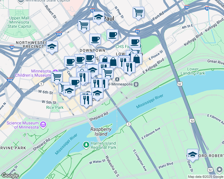 map of restaurants, bars, coffee shops, grocery stores, and more near 160 East Kellogg Boulevard in Saint Paul
