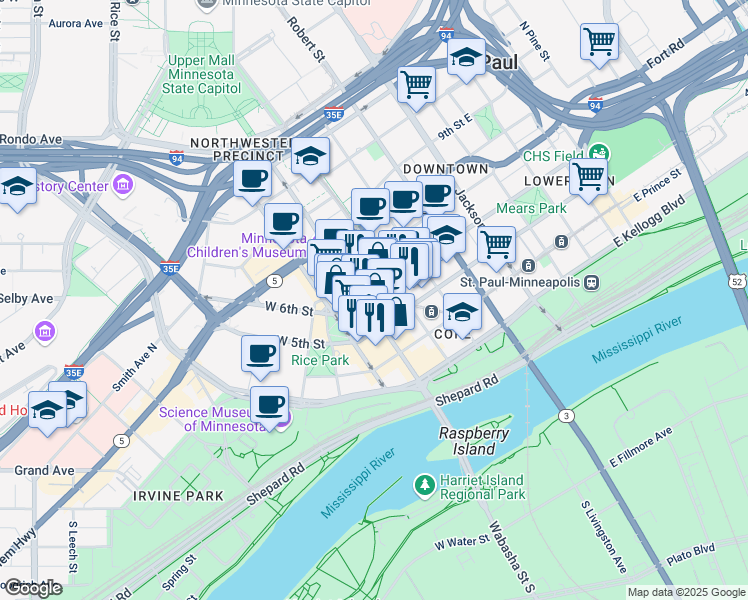 map of restaurants, bars, coffee shops, grocery stores, and more near 6 West 5th Street in Saint Paul