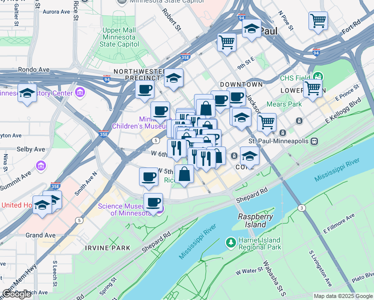 map of restaurants, bars, coffee shops, grocery stores, and more near 24 West 7th Place in Saint Paul