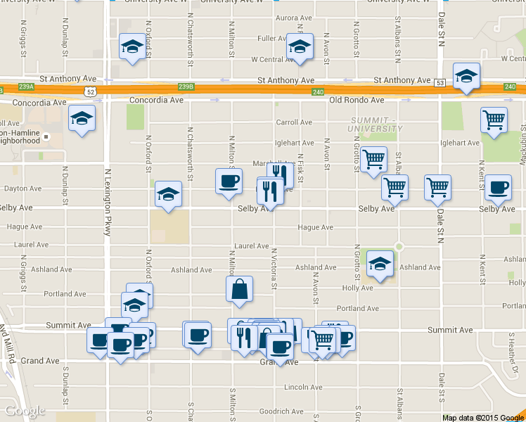 map of restaurants, bars, coffee shops, grocery stores, and more near in Saint Paul