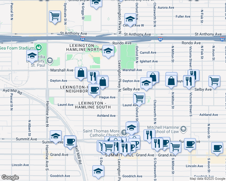 map of restaurants, bars, coffee shops, grocery stores, and more near 149 Lexington Parkway North in Saint Paul