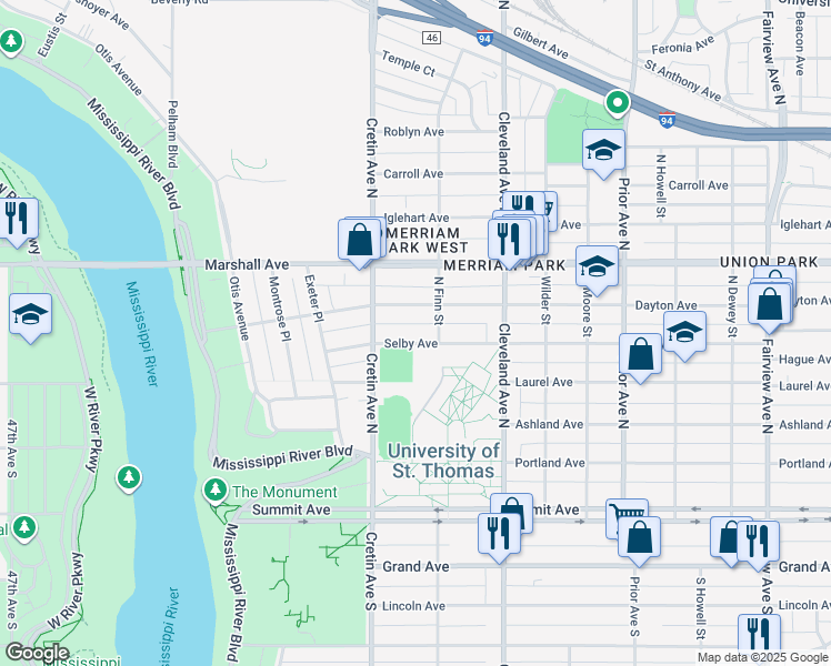 map of restaurants, bars, coffee shops, grocery stores, and more near 2115 Summit Avenue in Saint Paul