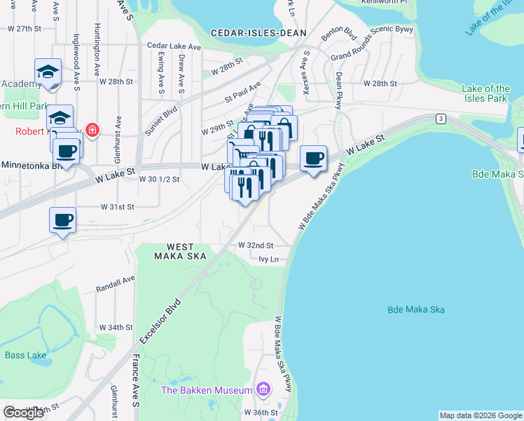 map of restaurants, bars, coffee shops, grocery stores, and more near in Minneapolis