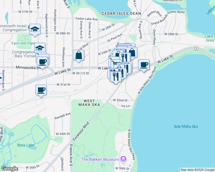 map of restaurants, bars, coffee shops, grocery stores, and more near 3430 List Place in Minneapolis