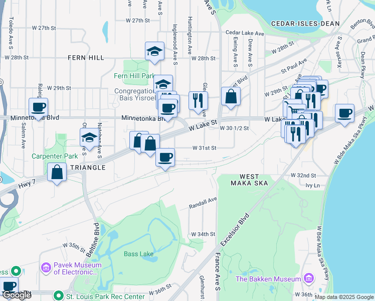 map of restaurants, bars, coffee shops, grocery stores, and more near 3200 Inglewood Avenue South in Minneapolis