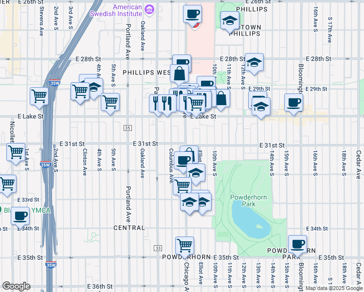 map of restaurants, bars, coffee shops, grocery stores, and more near 3100 Chicago Avenue in Minneapolis