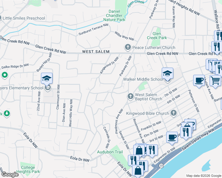 map of restaurants, bars, coffee shops, grocery stores, and more near 900 Cascade Drive Northwest in Salem