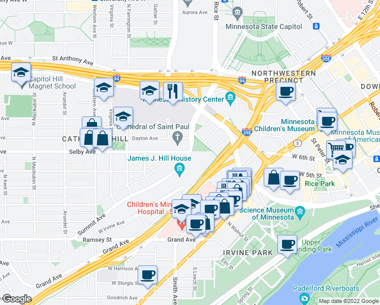 map of restaurants, bars, coffee shops, grocery stores, and more near Summit Ave & Selby Ave in St Paul