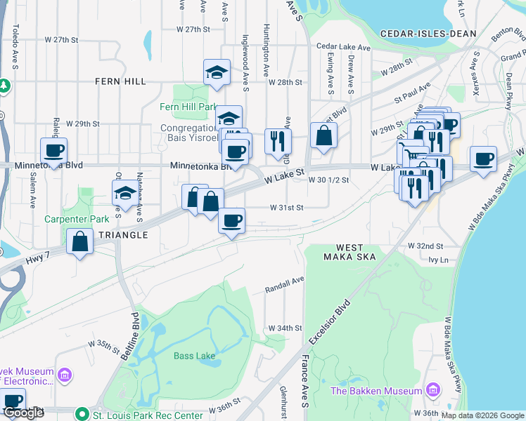 map of restaurants, bars, coffee shops, grocery stores, and more near 4101 West 31st Street in Minneapolis
