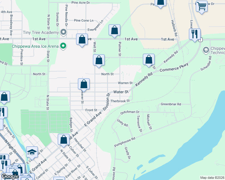 map of restaurants, bars, coffee shops, grocery stores, and more near 1209 Water Street in Chippewa Falls