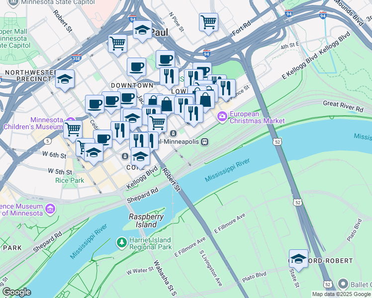 map of restaurants, bars, coffee shops, grocery stores, and more near 180 East Kellogg Boulevard in Saint Paul