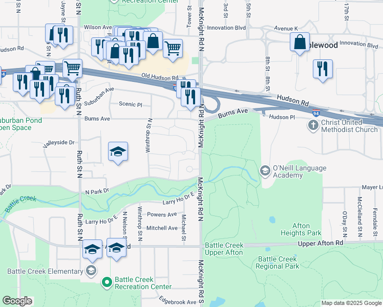 map of restaurants, bars, coffee shops, grocery stores, and more near 125 McKnight Road North in Saint Paul
