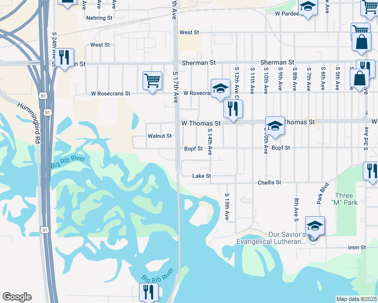 map of restaurants, bars, coffee shops, grocery stores, and more near 1446 Madison Street in Wausau