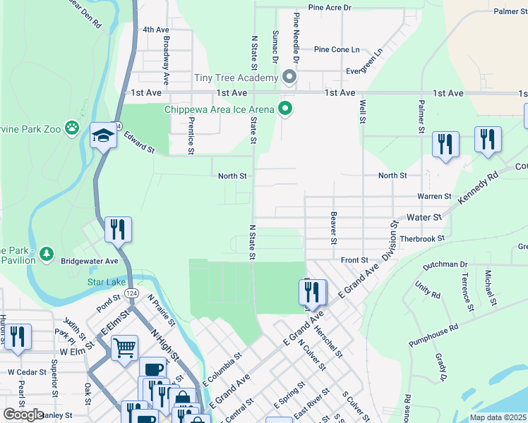 map of restaurants, bars, coffee shops, grocery stores, and more near 727 Water Street in Chippewa Falls