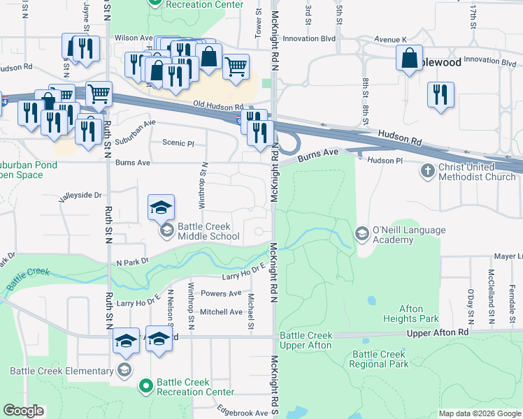map of restaurants, bars, coffee shops, grocery stores, and more near 125 McKnight Road North in Saint Paul