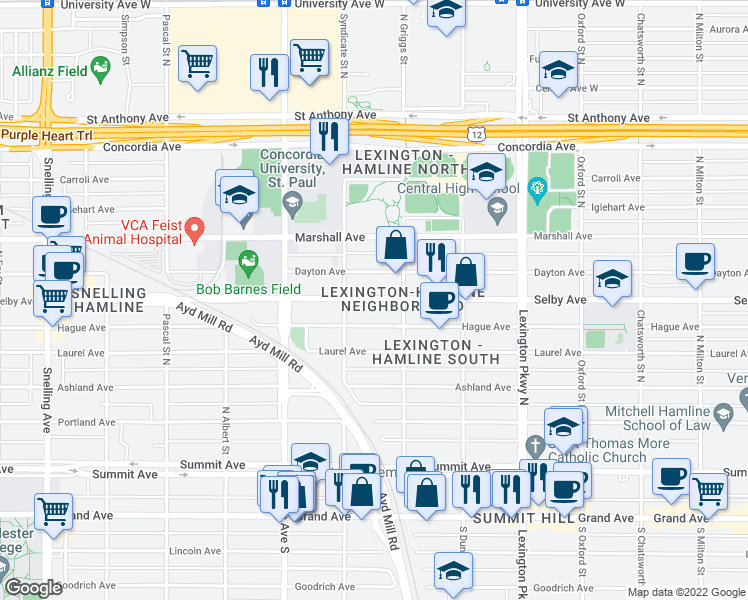 map of restaurants, bars, coffee shops, grocery stores, and more near 1247 Hague Avenue in Saint Paul