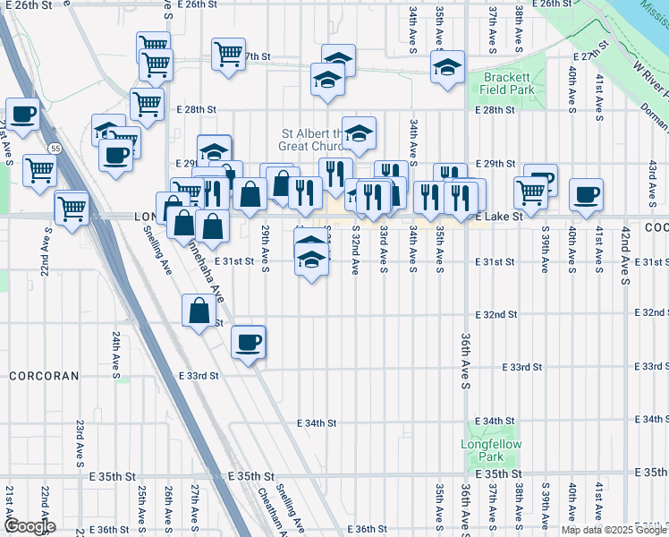 map of restaurants, bars, coffee shops, grocery stores, and more near 3125 South 31st Avenue in Minneapolis