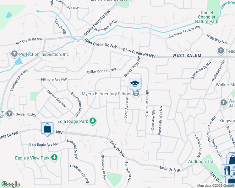 map of restaurants, bars, coffee shops, grocery stores, and more near 891 Whitetail Deer Street Northwest in Salem