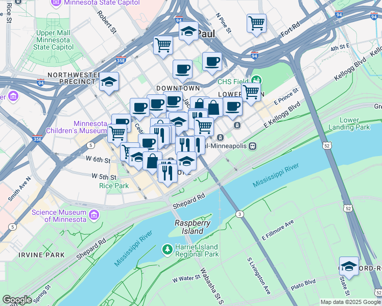 map of restaurants, bars, coffee shops, grocery stores, and more near 332 Minnesota Street in Saint Paul