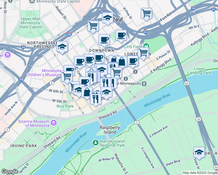 map of restaurants, bars, coffee shops, grocery stores, and more near 332 Minnesota Street in Saint Paul