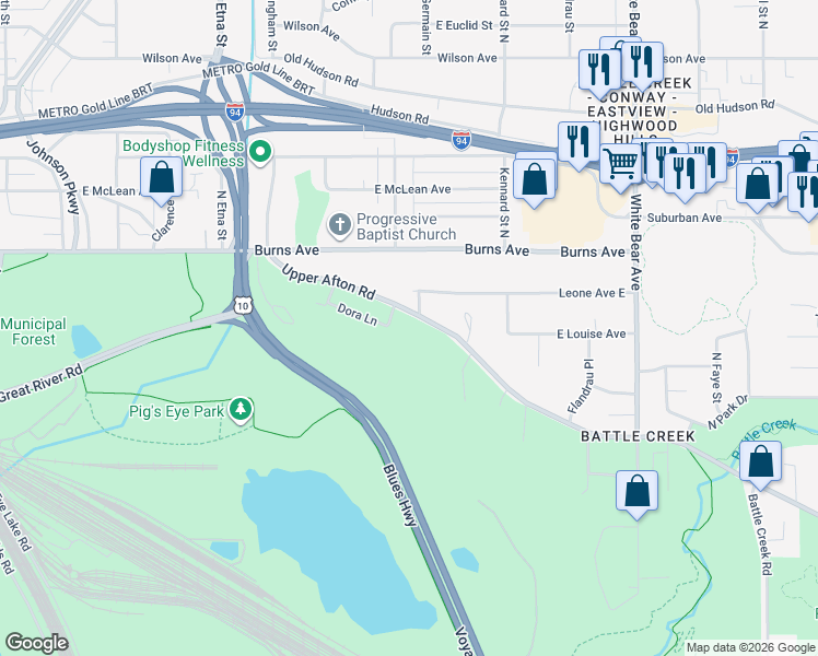 map of restaurants, bars, coffee shops, grocery stores, and more near 1560 Dora Lane in Saint Paul