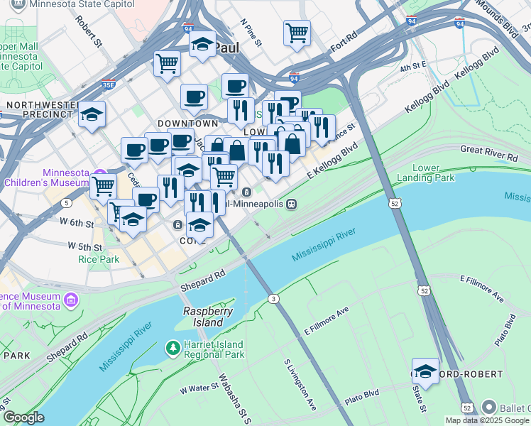 map of restaurants, bars, coffee shops, grocery stores, and more near 131 East 2nd Street in Saint Paul